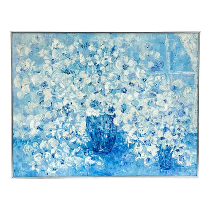 BLUE AND WHITE FLORAL SIGNED PAINTING