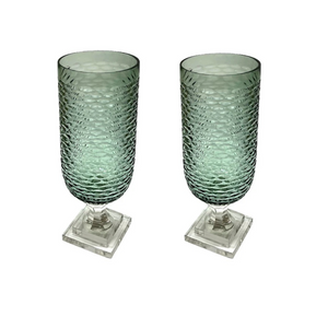 PAIR OF AQUA GROOVY CUT GLASS HURRICANES