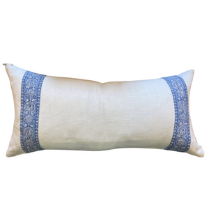 WHITE LINEN LUMBAR PILLIW WITH BLUE DECORATIVE TAPE