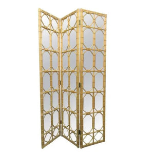 THREE PANEL RATTAN AND MIRROR SCREEN