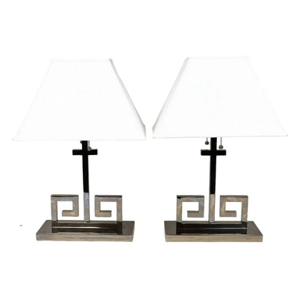 PAIR OF GREEK KEY CHROME TABLE LAMPS