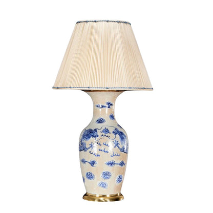 CHINESE PORCELAIN LAMP WITH BLUE DRAGON AND FLORAL MOTIF