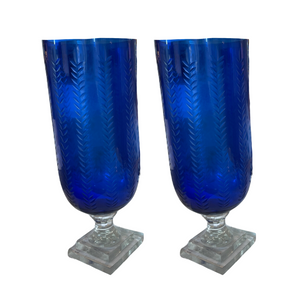 PAIR OF COBALT ETCHED GLASS HURRICANES