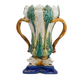 PAIR OF PALM MOTIF MAJOLICA GLAZED VASES WITH DOLPHIN BASE