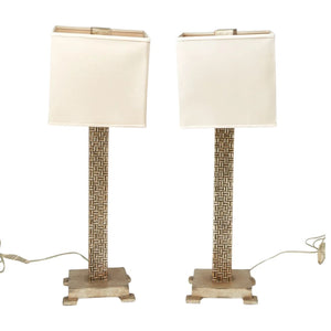 PAIR CONTEMPORARY SILVERED GEOMETRIC COLUMN LAMPS