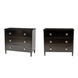 PAIR OF BLACK LACQUER THREE DRAWER CHESTS WITH SILVERED SQUARE KNOBS