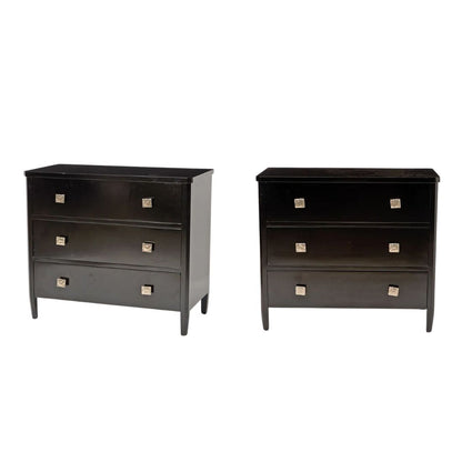 PAIR OF BLACK LACQUER THREE DRAWER CHESTS WITH SILVERED SQUARE KNOBS