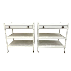 PAIR THREE TIER PAINTED WHITE CANED SIDE TABLES OR NIGHT STANDS