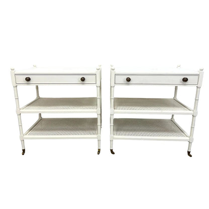 PAIR THREE TIER PAINTED WHITE CANED SIDE TABLES OR NIGHT STANDS