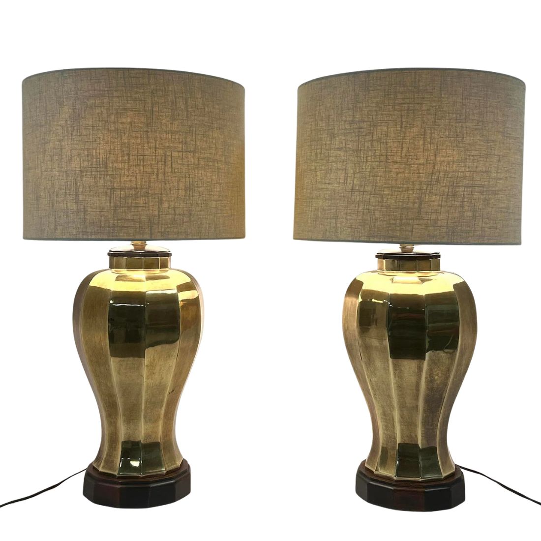 Tindle Raff Base PAIR OF BRASS FACETED TABLE LAMPS ON WOOD BASES
