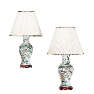 PAIR FAMILLE VERTE CHINESE LAMPS ON WOOD BASE