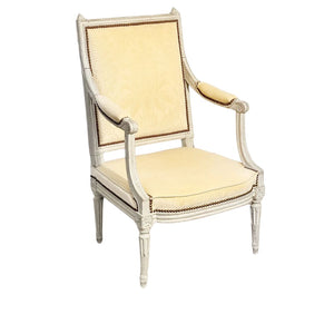 19TH CENTURY PAINTED FAUTEUIL WITH YELLOW DAMASK FABRIC