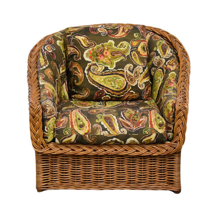 OVERSIZED INDOOR WICKER TUB CHAIR WITH COLORFUL PAISLEY CUSHION