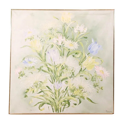 FRAMED FLORAL STILL LIFE ACRYLIC IN GREENS, YELLOW AND LAVENDER