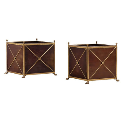 ALMOST PAIR OF JANSEN STYLE PLANTERS WITH BRASS X MOTIF