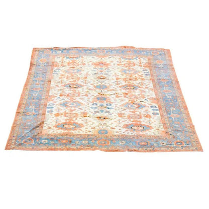 BLUE, CREAM AND CORAL HAND KNOTTED WOOL RUG