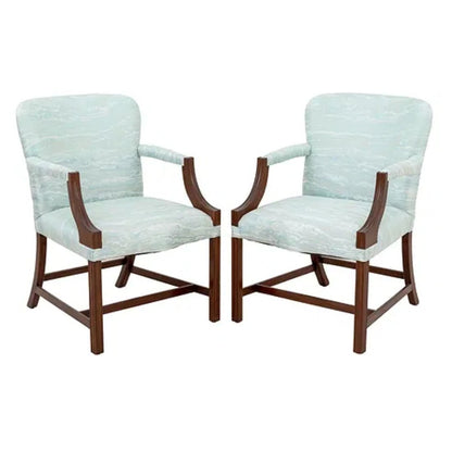 PAIR OF GEORGE III UPHOLSTERED MAHOGANY ARM CHAIRS