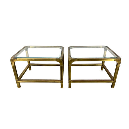 PAIR OF MASTERCRAFT STYLE  BRASS AND GLASS SIDE TABLES