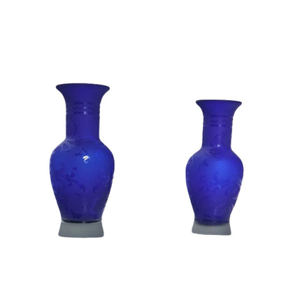 PAIR OF ETCHED BLUE GLASS VASES