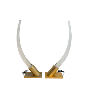 PAIR OF VINTAGE LARGE BRASS AND LUCITE HORN DESIGN LAMPS