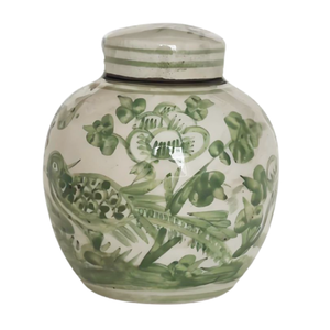GREEN AND WHITE FLORAL PHEASANT MINI JAR