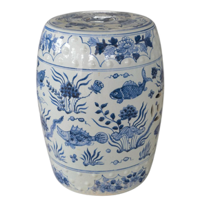 BLUE AND WHITE FISH MOTIF PORCELAIN GARDEN STOOL