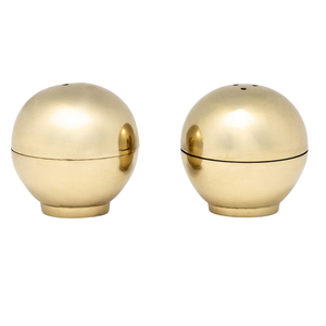POLISHED GOLD SET OF 2 SPHERE SALT AND PEPPER SHAKERS, BRASS.