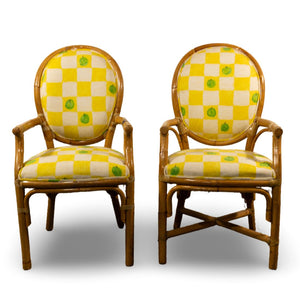 VINTAGE PAIR OF WALTERS WICKER INDOOR RATTAN CHAIRS WITH UPHOLSTERY