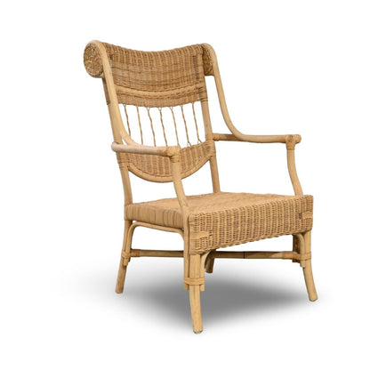 TALL WICKER ARMCHAIR WITH SCROLL DETAIL TO BACK REST