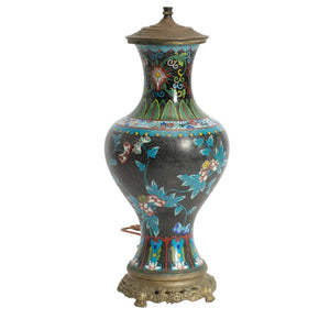 VINTAGE ENAMEL BLUE AND BLACK CLOISONEE LAMP WITH BRONZE BASE
