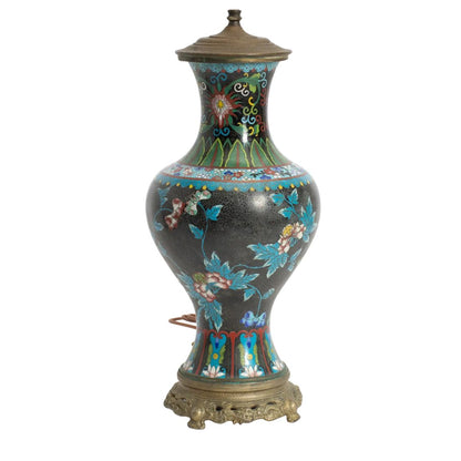 VINTAGE ENAMEL BLUE AND BLACK CLOISONEE LAMP WITH BRONZE BASE