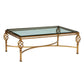 HOLLYWOOD REGENCY GILT IRON AND GLASS COFFEE TABLE WITH LATTICE TWIST DETAIL