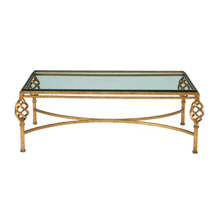 HOLLYWOOD REGENCY GILT IRON AND GLASS COFFEE TABLE WITH LATTICE TWIST DETAIL