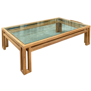 LARGE CUSTOM BILLY BALDWIN OAK AND GLASS COCKTAIL TABLE