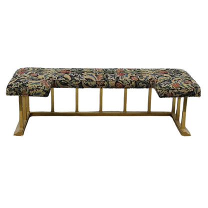 VINTAGE BRASS FIRE FENDER WITH FLORAL TAPESTRY BENCH