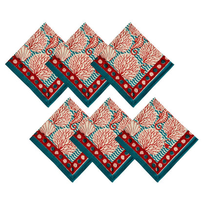 SET OF SIX TURQUOISE & CORAL BEACH NAPKINS