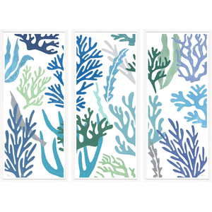 SET OF THREE CORAL COLLAGE PRINTS IN SHADES OF BLUE