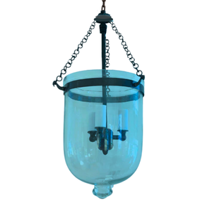 TURQUOISE BELL JAR LANTERN WITH AGED BRASS TRIM
