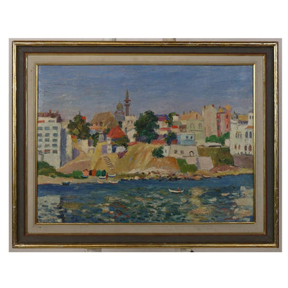 OIL ON PANEL HARBOR SCENE, FRAMED AND SIGNED