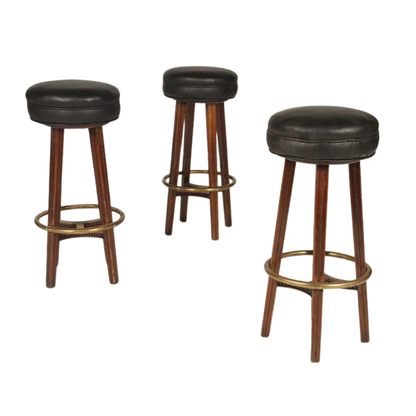 SET OF 3 BLACK LEATHER BAR STOOLS WITH BRASS & NAILHEAD DETAILS
