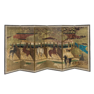 PAIR OF JAPANESE PAINTED HORSE SCENE FOLDING SCREENS, 6 PANELS EACH