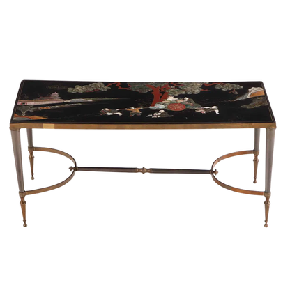 JANSEN STYLE CARVED & PAINTED CHINOISERIE COFFEE TABLE WITH BRASS & STEEL BASE