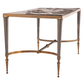 JANSEN STYLE CARVED & PAINTED CHINOISERIE COFFEE TABLE WITH BRASS & STEEL BASE