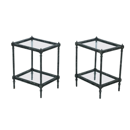 PAIR OF PETITE PAINTED FAUX FINISH TWO TIER SIDE TABLES WITH GLASS