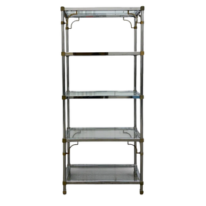 MAISON JANSEN STYLE FIVE TIER ETAGERE, CHROME WITH BRASS DETAILS
