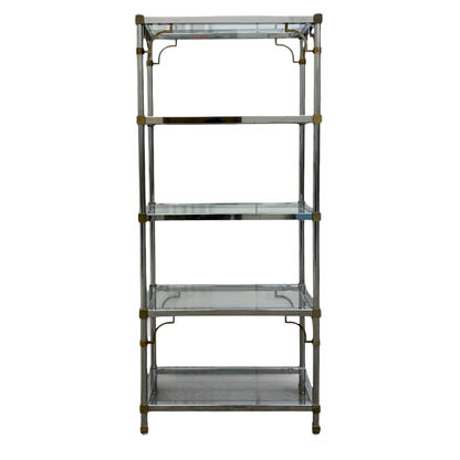 MAISON JANSEN STYLE FIVE TIER ETAGERE, CHROME WITH BRASS DETAILS