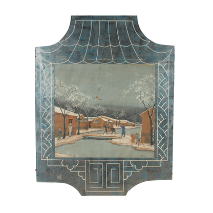 CHINOISERIE SILVER GILT & PAINTED MIRROR PANEL