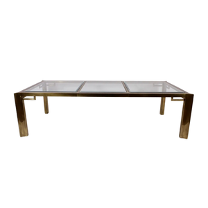 CUSTOM VINTAGE CHONOISERIE STYLE BRASS & GLASS DINING TABLE WITH LEAF