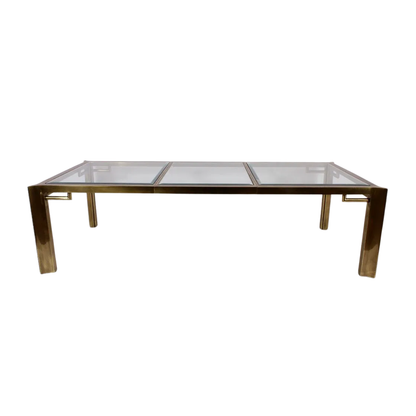 CUSTOM VINTAGE CHONOISERIE STYLE BRASS & GLASS DINING TABLE WITH LEAF