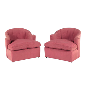 PAIR OF VINTAGE ROUGE UPHOLSTERED SCROLL ARM CLUB CHAIRS